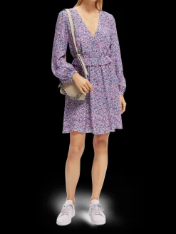Long-Sleeved Printed V-Neck Mini Dress