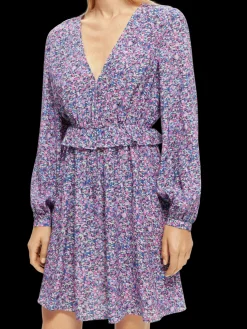 Long-Sleeved Printed V-Neck Mini Dress