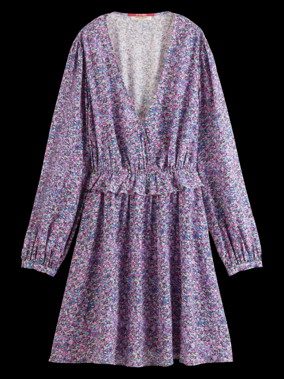 Long-Sleeved Printed V-Neck Mini Dress