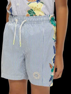 Mid-Length Printed Pinstripe Swim Shorts