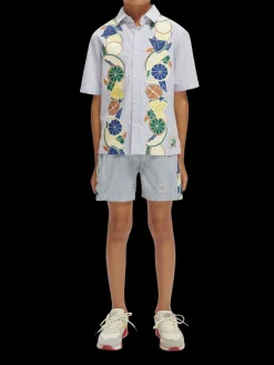 Mid-Length Printed Pinstripe Swim Shorts