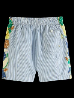 Mid-Length Printed Pinstripe Swim Shorts