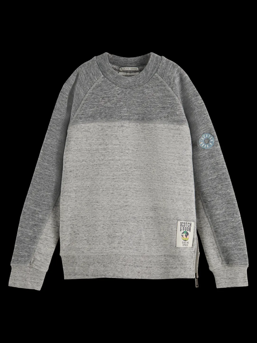 Panelled Melange Crewneck Side-Zip Sweatshirt