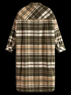 Wool Blend Checked Long Shirt Jacket